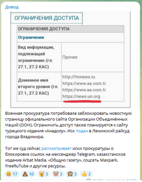 В&nbsp;росії планують заблокувати сайт ООН та&nbsp;Telegram